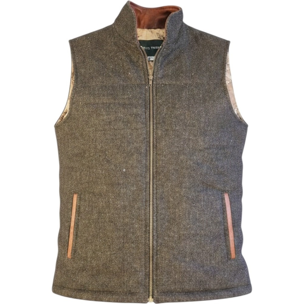 Celtic Tweed Irish Wool Gilet Vest Mens 38 small Herringbone Leather Trim